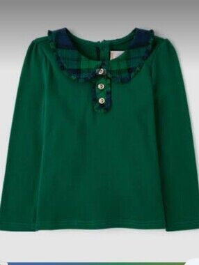 NWT Gymboree Girls' Green Long-Sleeve Top with Plaid Collar, Size 3T